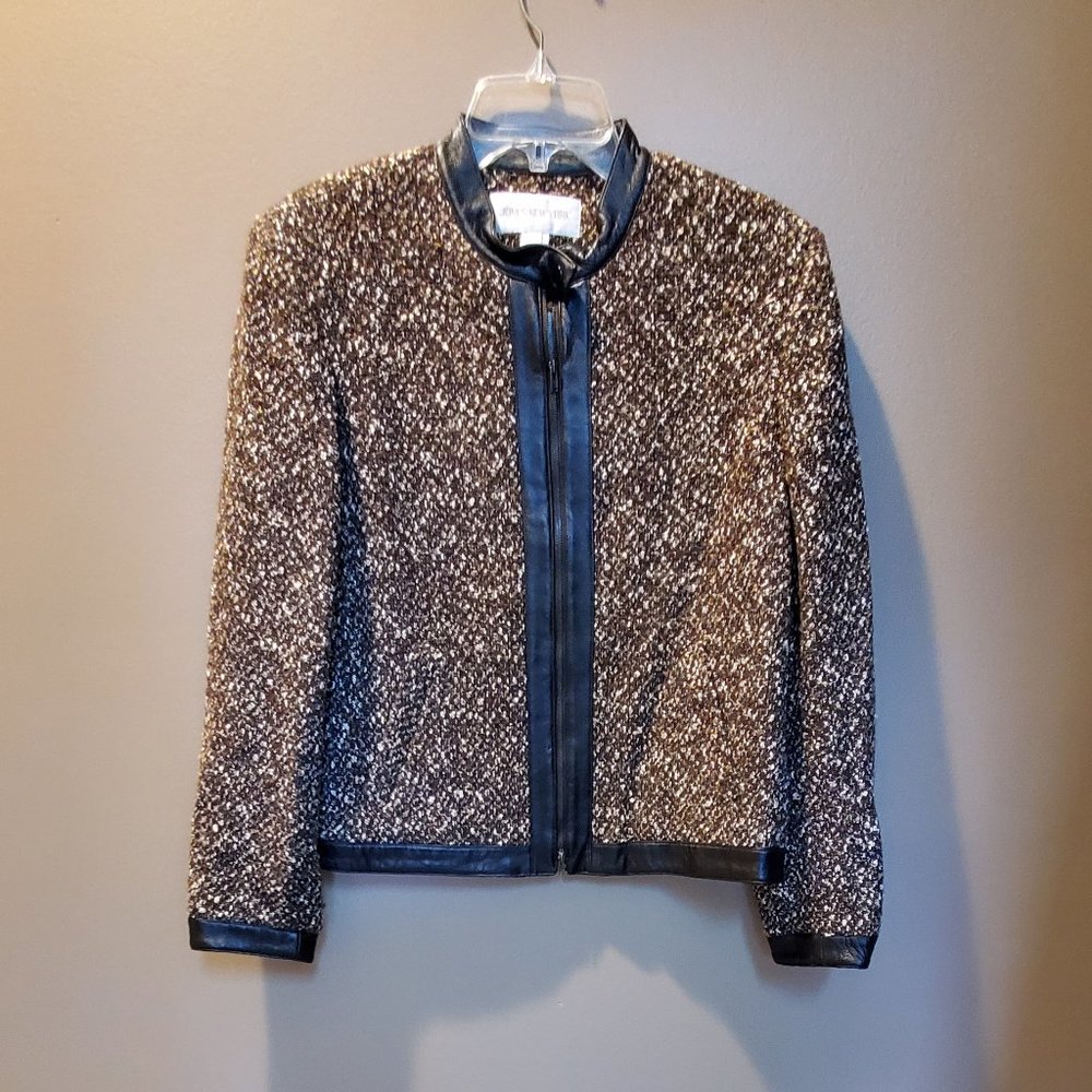 Jones NY Brown Tweed Leather Trim Jacket